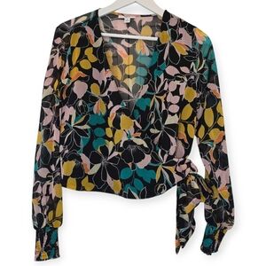 BAR III Floral Wrap Blouse Sheer Tie Waist Top Sz Small Lagenlook Boho Old Money